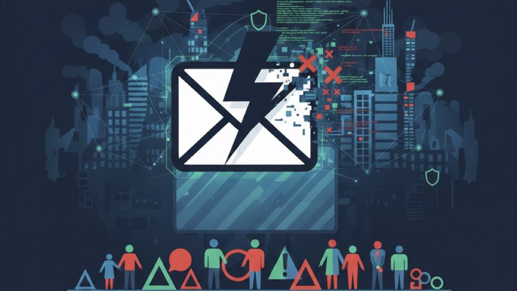 Büyük e-posta saldırılarının şirketler ve bireyler üzerindeki yıkıcı etkisini betimleyen bu illüstrasyonda, teknolojik bir şehir silüeti önünde üzerine şimşek çakan bir e-posta zarfı dijital olarak parçalanıyor.