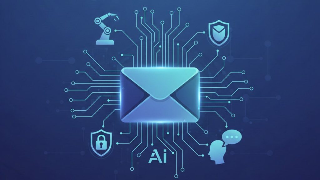 Koyu mavi bir zemin üzerinde, AI çağında e-postanın dönüşümünü anlatan konseptte, parlayan bir e-posta zarfı merkezde yer alırken, ondan yayılan devre kartı hatları otomasyon, gelişmiş e-posta güvenliği ve akıllı iletişim gibi yapay zeka özelliklerini temsil eden simgelere bağlanıyor.