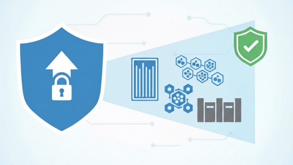 Sol tarafta asma kilitli büyük mavi bir güvenlik kalkanından çıkan işlem akışı, alan adı benzerliği gibi kimlik taklit risklerini temsil eden veri ve ağ simgelerini analiz edip filtreleyerek sağdaki onay işaretli yeşil bir kalkanla güvenliği sağlıyor.