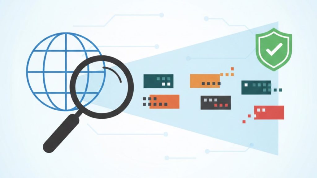 Bir dünya küresinin önündeki büyüteç, internetteki alan adı benzerliği risklerini ve potansiyel lookalike domain saldırılarını tespit etme sürecini simgelerken, incelenen veri bloklarının sonunda yer alan yeşil kalkan, başarılı siber güvenlik doğrulamasını gösteriyor.