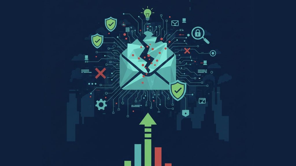 Şirketleri hedef alan büyük e-posta saldırılarının artışını simgeleyen bu konsept görselde, merkezde çatlamış bir e-posta zarfı, bir devre kartı üzerinde yeşil güvenlik kalkanları ve kırmızı hata işaretleriyle çevrelenmiş haldeyken, altta yükselen bir grafik bu tehditlerin boyutunu vurguluyor.