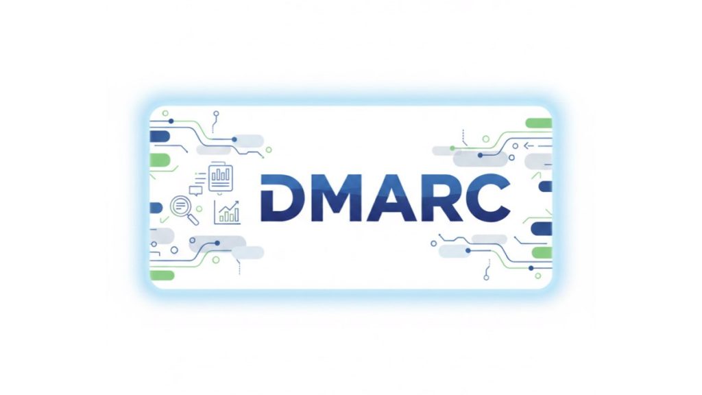 E-posta kimlik doğrulama ve DMARC raporu okuma yöntemlerini anlatan, mavi ve yeşil renkli teknolojik devre yolları ile büyüteç ve grafik gibi analiz simgeleriyle çevrelenmiş, ortasında "DMARC" yazan parlak mavi çerçeveli bir başlık grafiği.