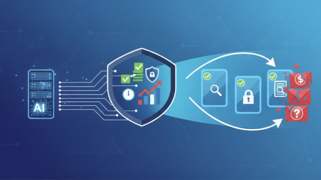 Yapay zeka sunucusunun verileri dijital bir güvenlik kalkanına ilettiği, bu kalkanın da gelen e-postaları analiz ederek güvenli olanları onaylarken, dolandırıcılık ve sahtecilik içeren şüpheli e-postaları tespit edip engellediği bir süreci gösteren kavramsal bir görsel.