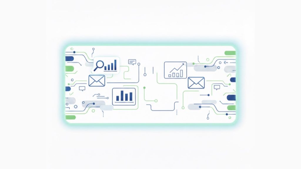 Bir DMARC raporunun içeriğindeki karmaşık veri akışını gösteren teknolojik diyagramda, mavi ve yeşil devre benzeri çizgilerle birbirine bağlanan e-posta zarfları, veri analizi için çubuk grafikler ve büyüme grafiği gibi çeşitli simgeler yer alıyor.