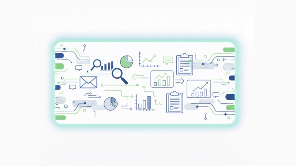 DMARC toplu raporlarının nasıl okunacağını anlatan konsept bir çizimde, e-posta ve analiz simgeleri, çeşitli çubuk, çizgi ve pasta grafikleri ve kontrol listeleri, bir veri akışını temsil eden devre benzeri yollarla birbirine bağlanıyor.