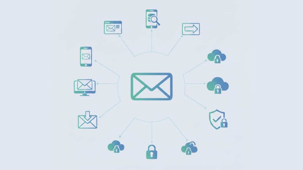 E-postada veri gizliliği kavramını gösteren şemada, merkezdeki büyük bir e-posta zarfı, ince çizgilerle mobil, masaüstü ve web cihazları ile kilitli bulutlar, asma kilit ve onay işaretli kalkan gibi çeşitli güvenlik simgelerine bağlanıyor.