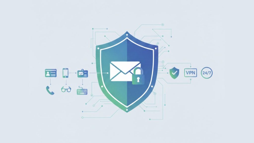 E-posta gönderimlerinde kişisel verilerin nasıl korunacağını gösteren bu konsept görselde, merkezde üzerinde asma kilitli bir zarf bulunan büyük bir kalkan, etrafı ise kimlik kartı, telefon ve klavye gibi Kişisel Tanımlayıcı Bilgi simgeleriyle çevreleniyor.