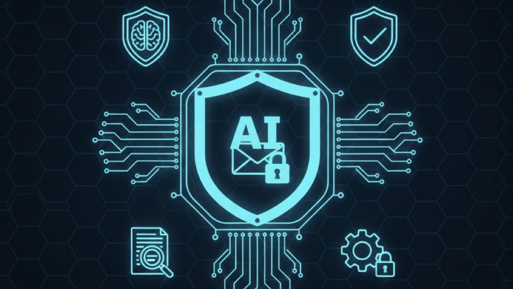 Koyu altıgen desenli bir arka plan üzerinde, e-posta güvenliği için yapay zeka kullanımını simgeleyen, merkezde AI harfleri, e-posta ve kilit bulunan bir kalkan ve devre kartı yollarıyla bağlı beyin ve onay işareti gibi çeşitli siber güvenlik simgeleri yer alıyor.